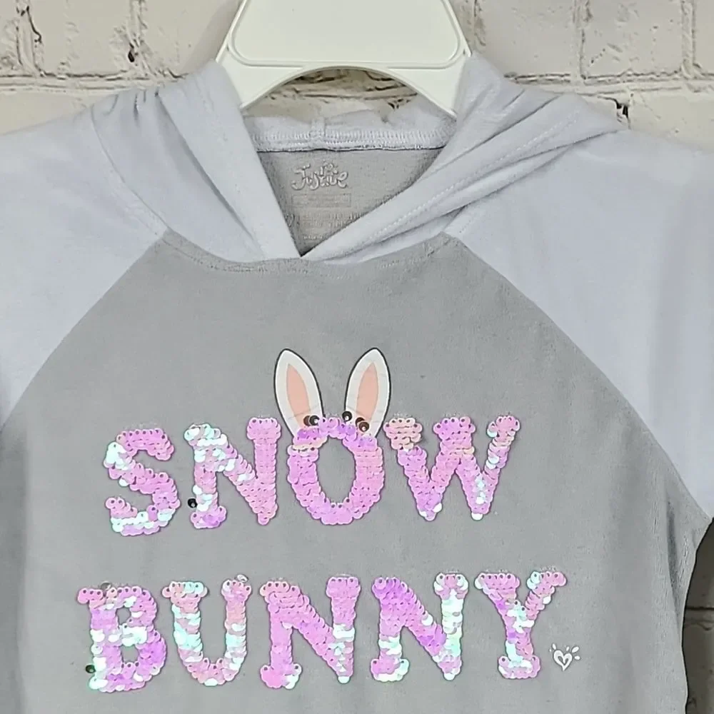 Justice Girls 6/7 Snow Bunny Flip Sequins Plush Fleece Hoodie Velour Sweatshirt